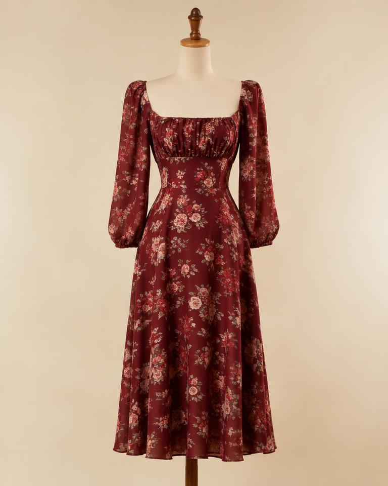 Vestido Midi Floral Bordô