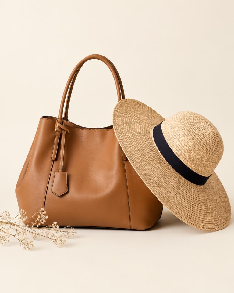 Bolsa Caramelo + Chapéu de Palha
